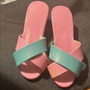 Glittery Pink and Blue children’s Slide Sandals. Kitten heals
